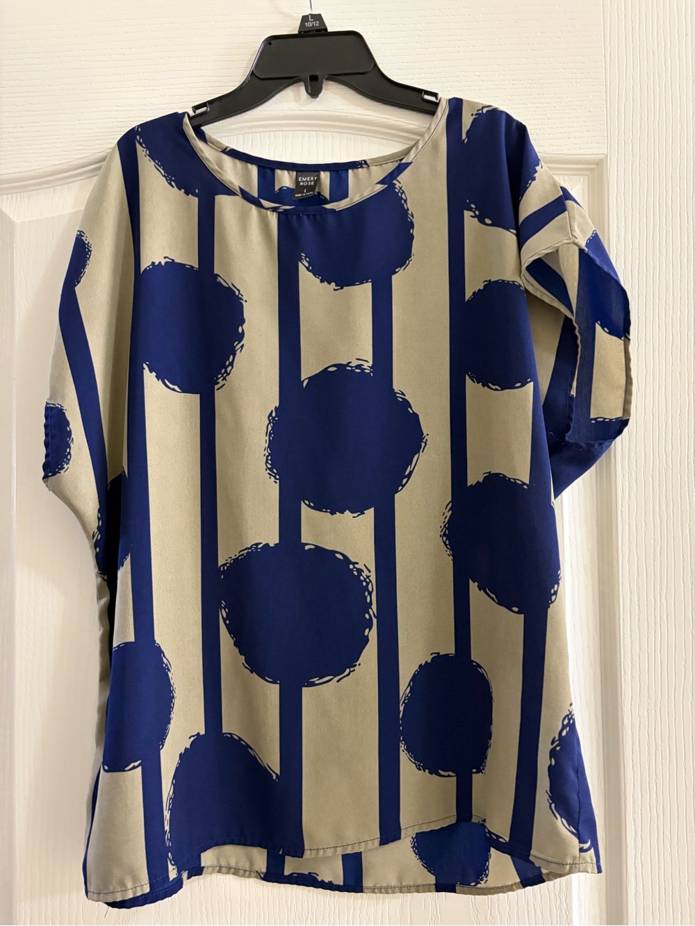 Emery Rose Navy Tan Geometric Print Blouse Short Sleeve Abstract Top Large